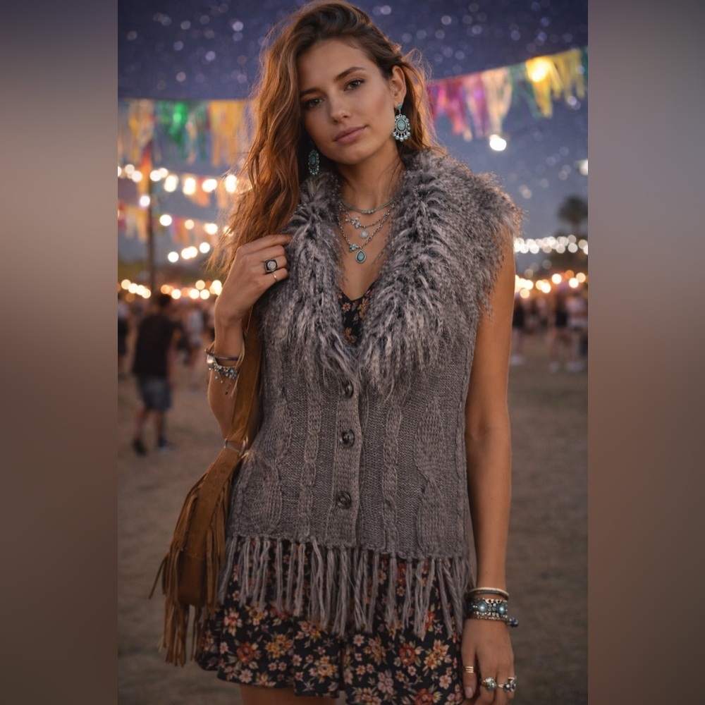 Boho Faux Fur Trim Knit Vest Fringe Hem Cozy Layering Piece Gray